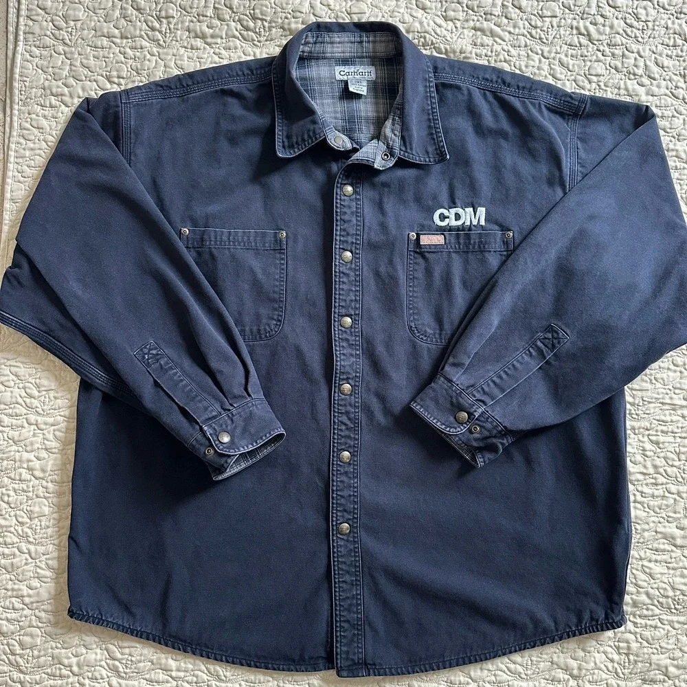 Carhartt‎ Shirt Jacket Men's 2XL Navy Blue Canvas Flannel Lined CDM Logo Company